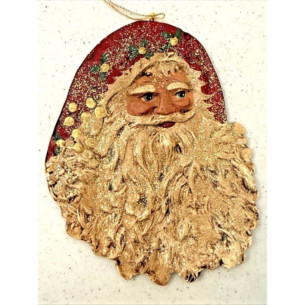 Vintage Santa Ornament Old World Flat Clay Dough C.H. USA Folk Art Glitter